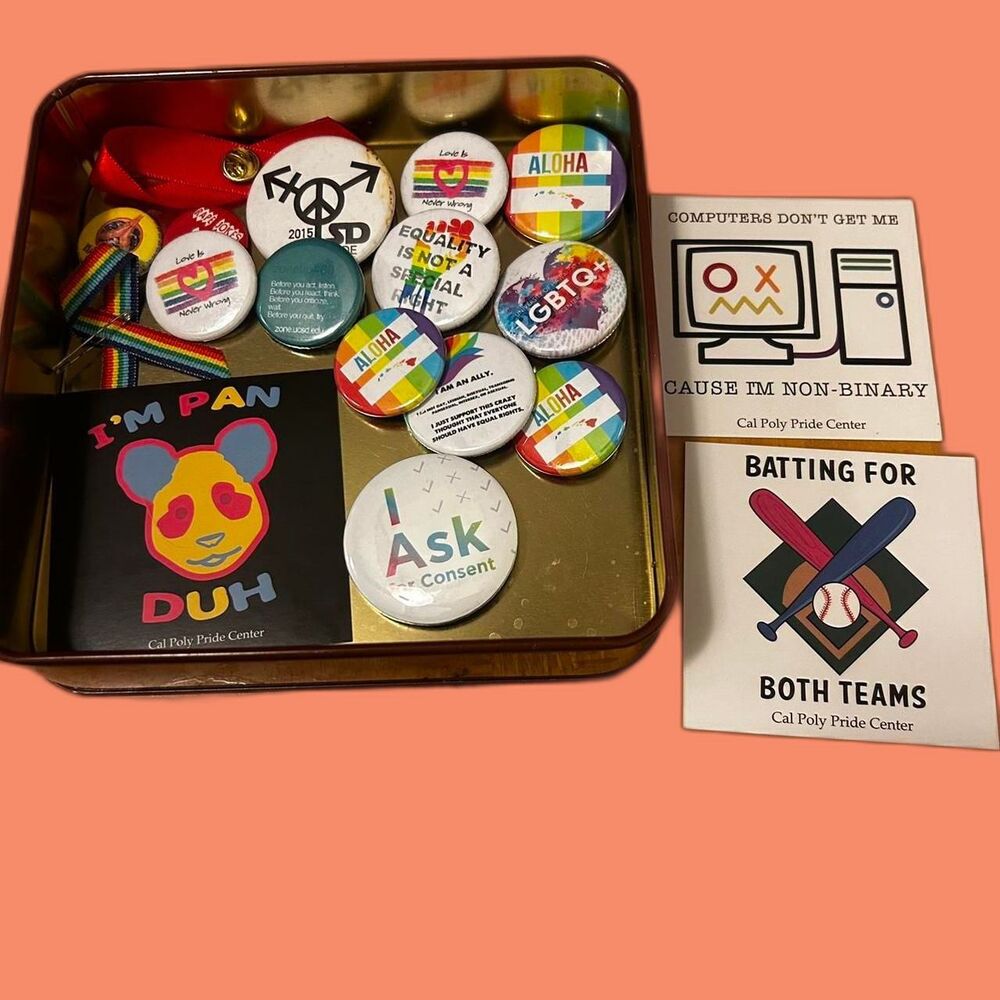 LGBTQ+ Pride themed pins and sticker collection